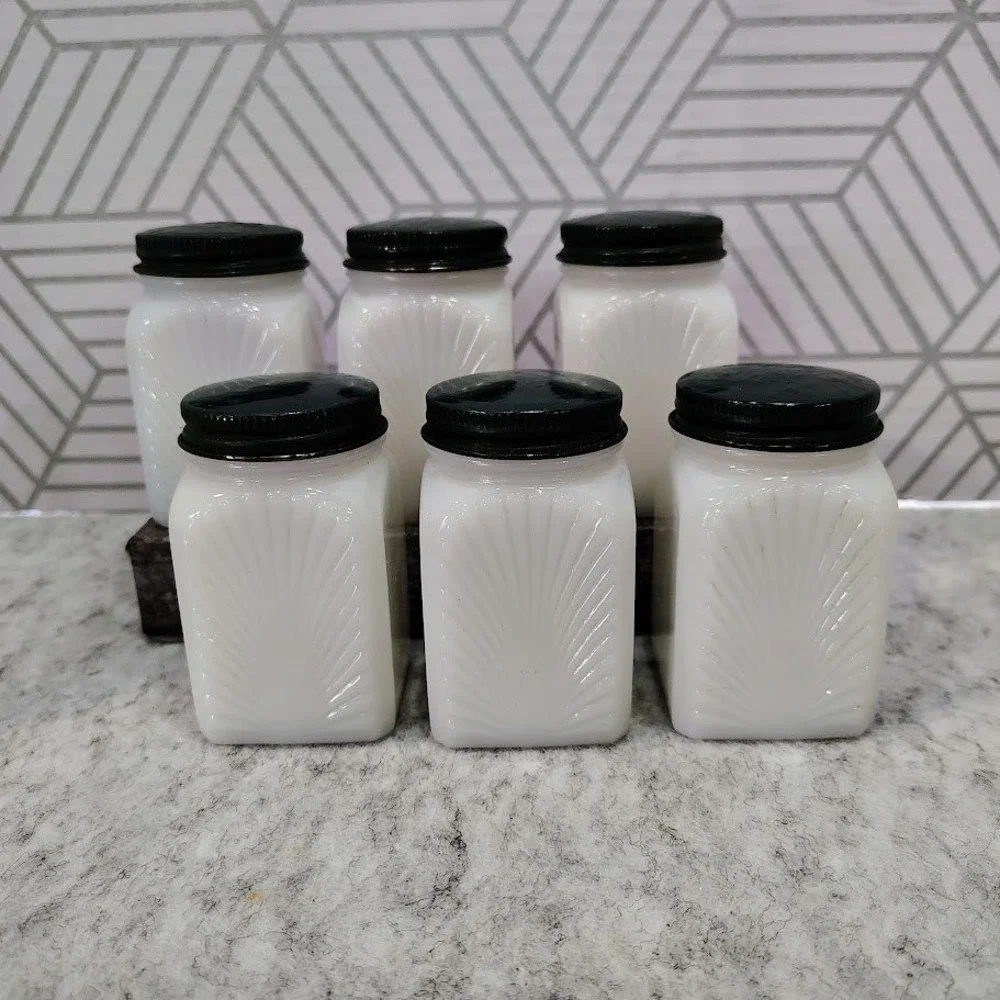 Vintage Art Deco Milk Glass Spice Jar Set 6pc Sunburst White Dark Green Lids
